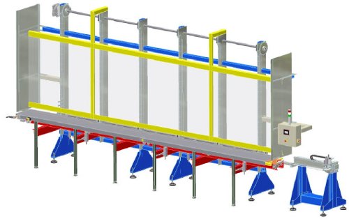 Cargador de barras vertical con transportador de rodillos de carga y transportador de rodillos motorizado para salida de barras